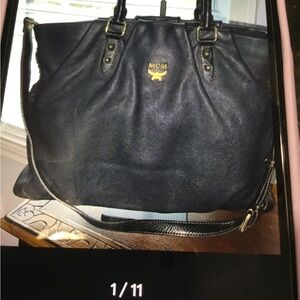 MCM Black Leather Shoulder Bag with Gold Accents